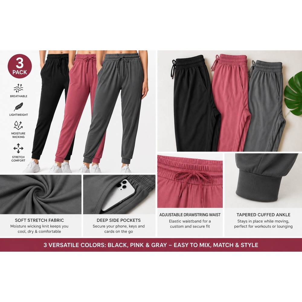 Real Essentials Girls 3 Pack Fleece Joggers Elastic Waist Black Pink Grey